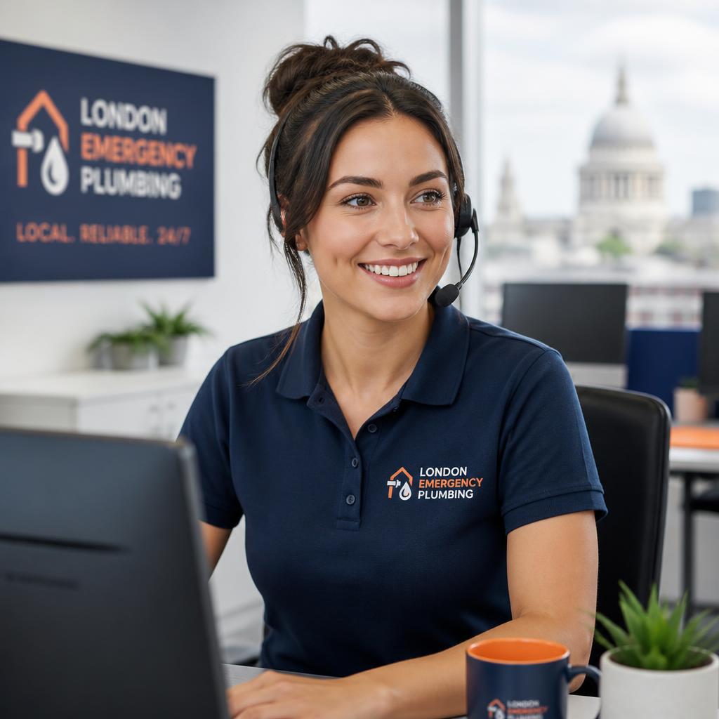 UK-based customer service coordinator answering emergency plumbing calls 24/7